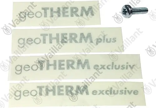 Aufkleber-Satz von Vaillant mit verschiedenen Beschriftungen wie "geoTHERM" und "geoTHERM plus", sowie einer Schraube, auf einem hellen Hintergrund.